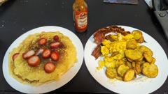 two plates of cooked food