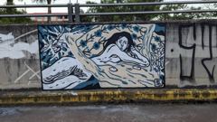 large black-and-white mural